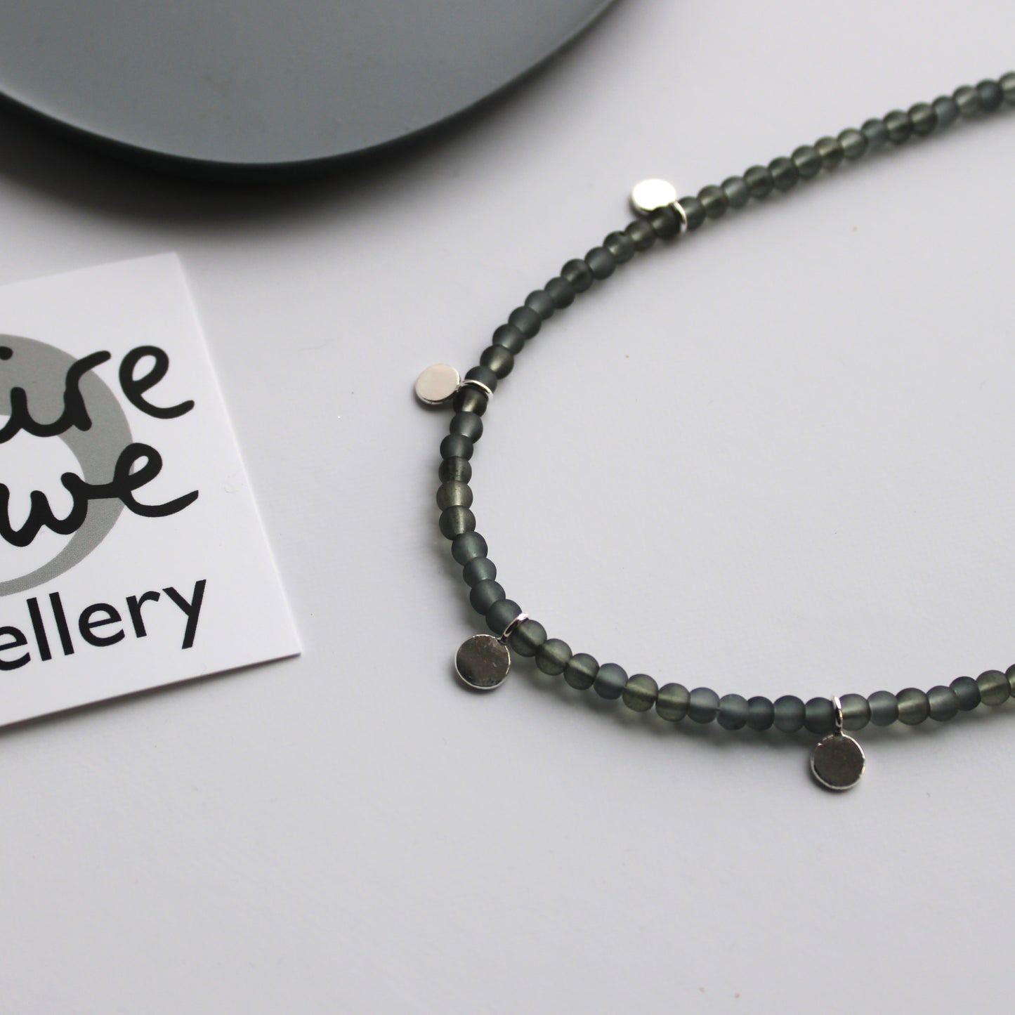 Grey Glass Bead & 5 Silver Pebble Necklace