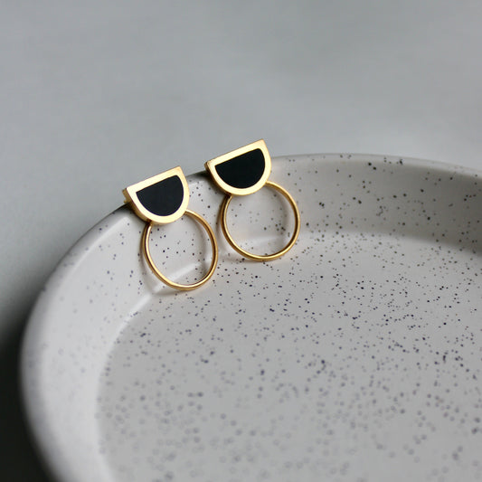 arc and circle black stud earrings gold vermeil