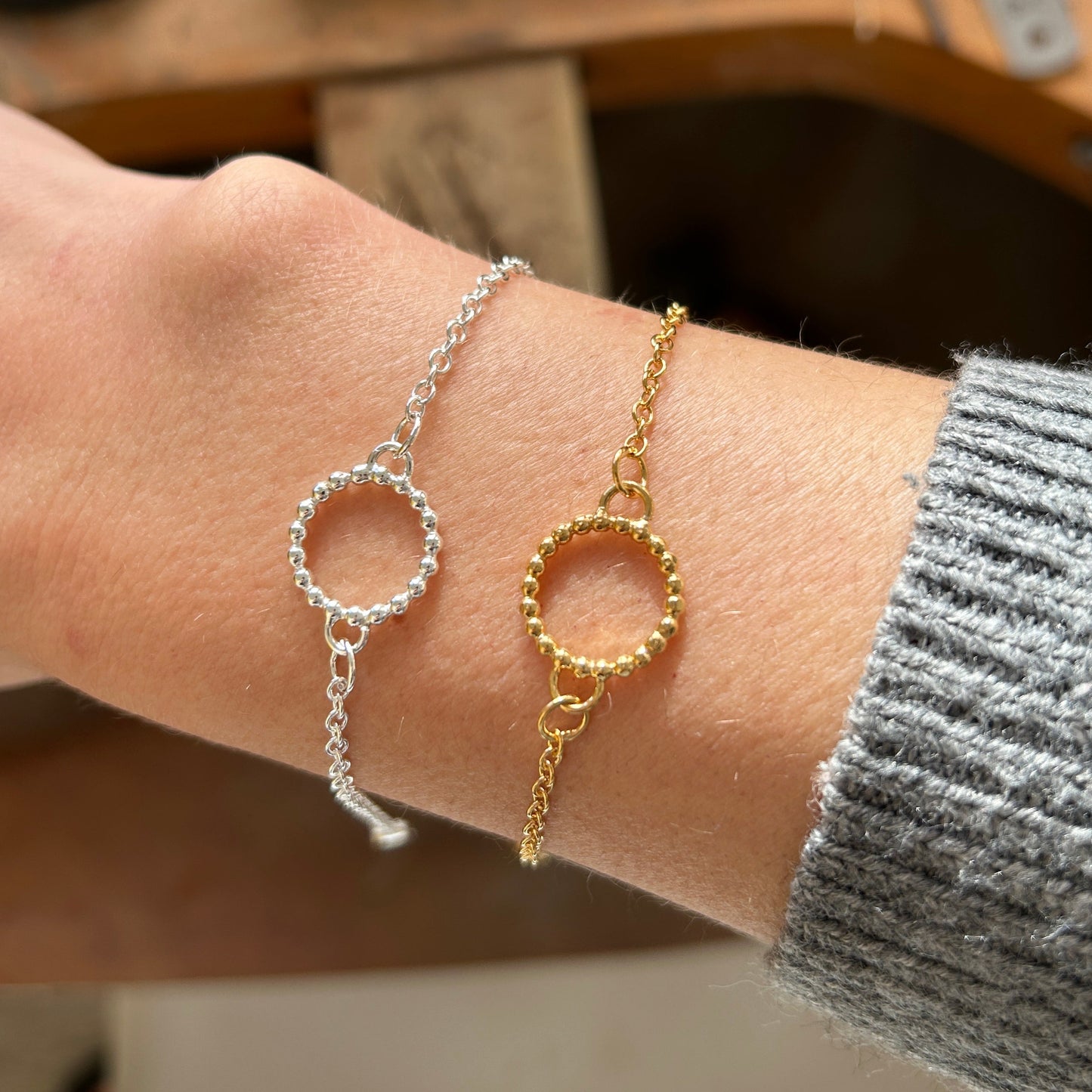 dotty circle bracelets worn