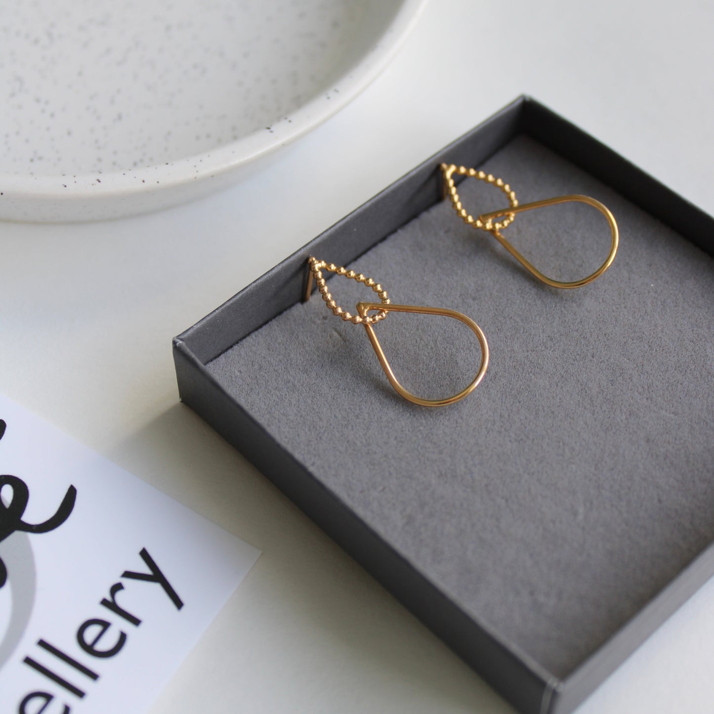 gold teardrop double earrings, plain wire and dotty wire