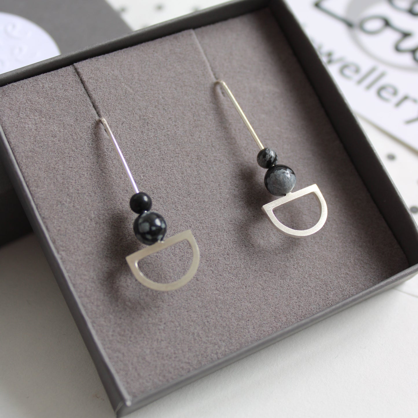 silver and obsidian bead earrings