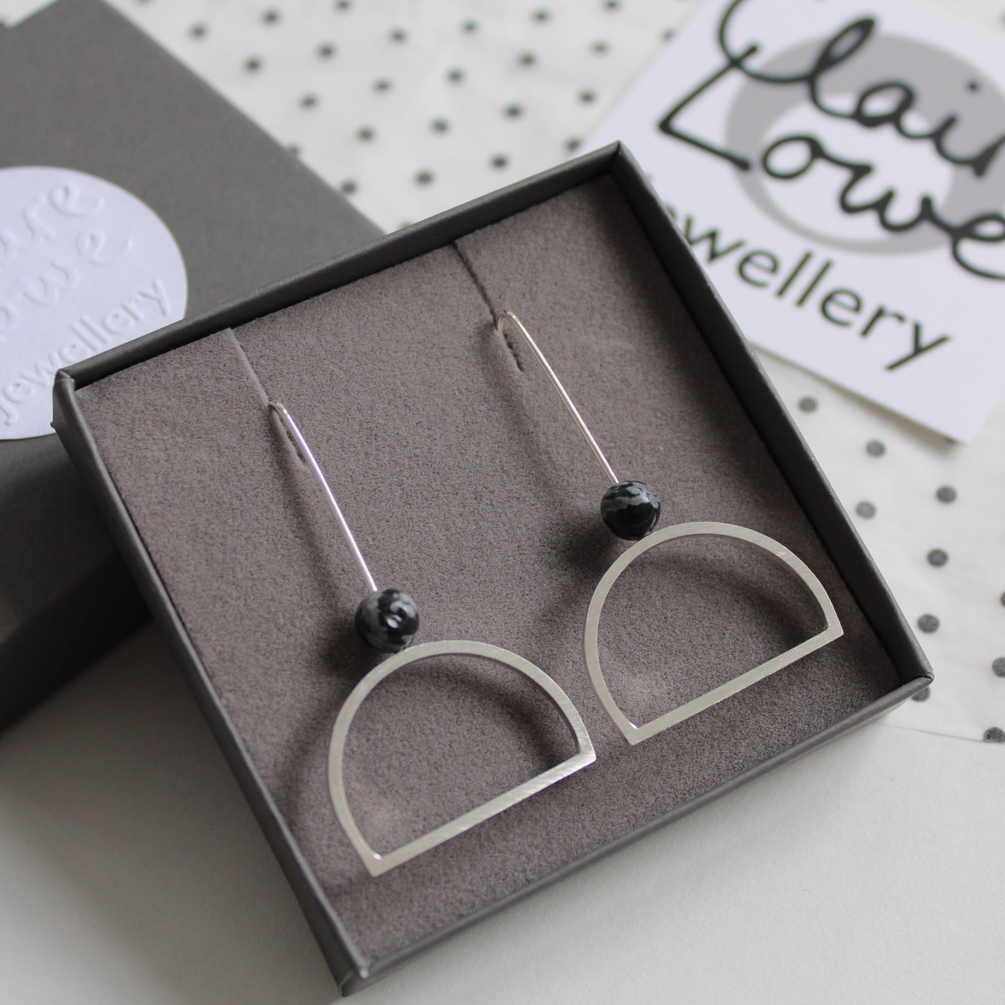 silver and obsidian bead drop earrings