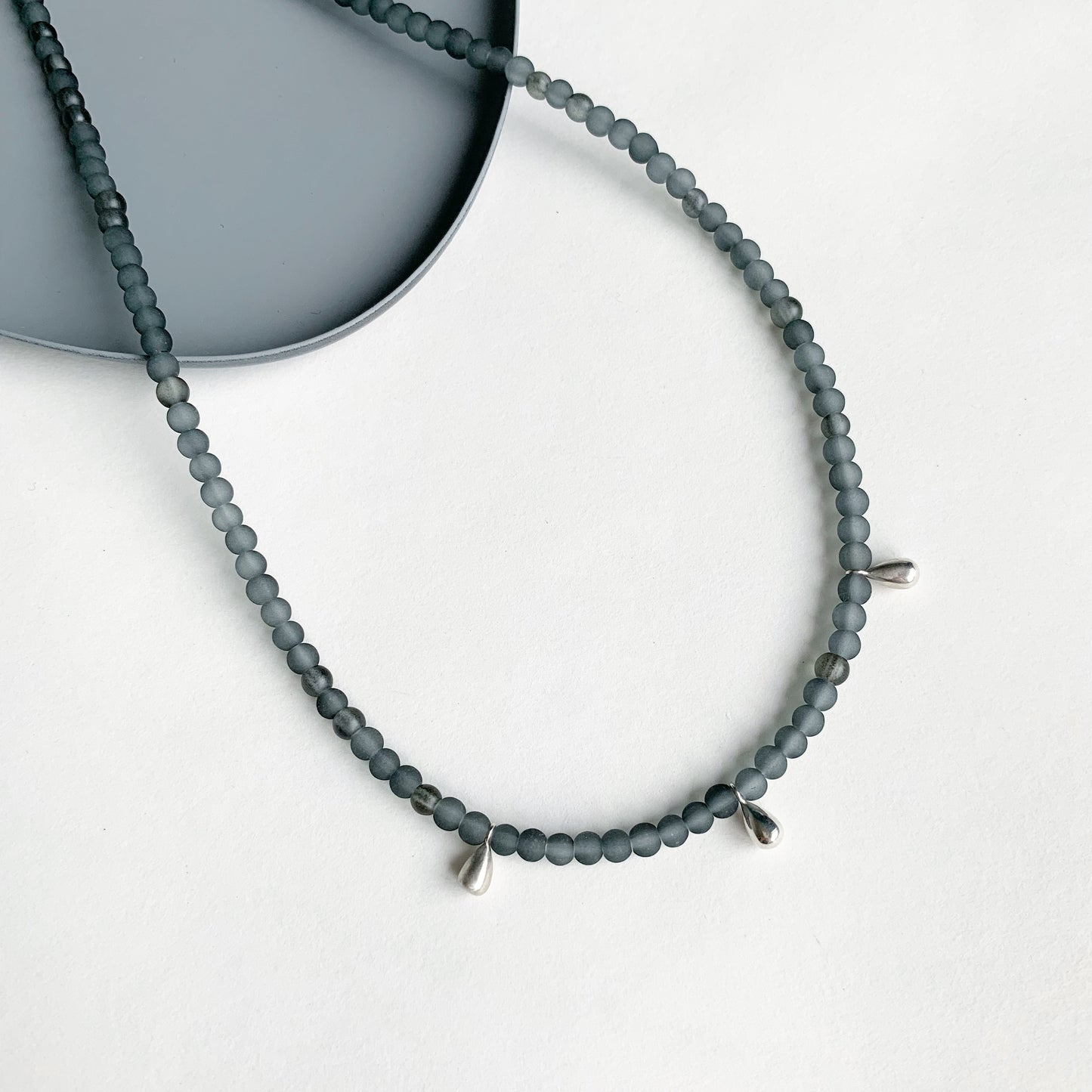 Grey Bead and Tiny Silver Teardrop Necklace
