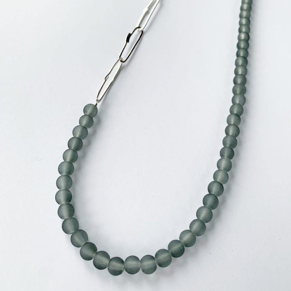 Grey glass bead and silver chain necklace