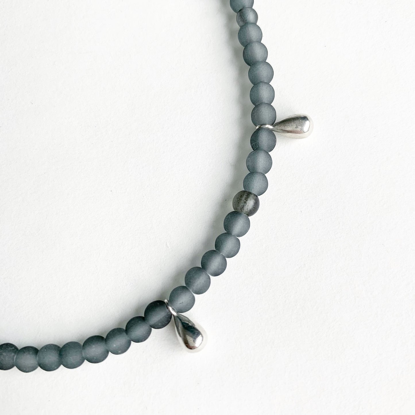Grey Bead and Tiny Silver Teardrop Necklace