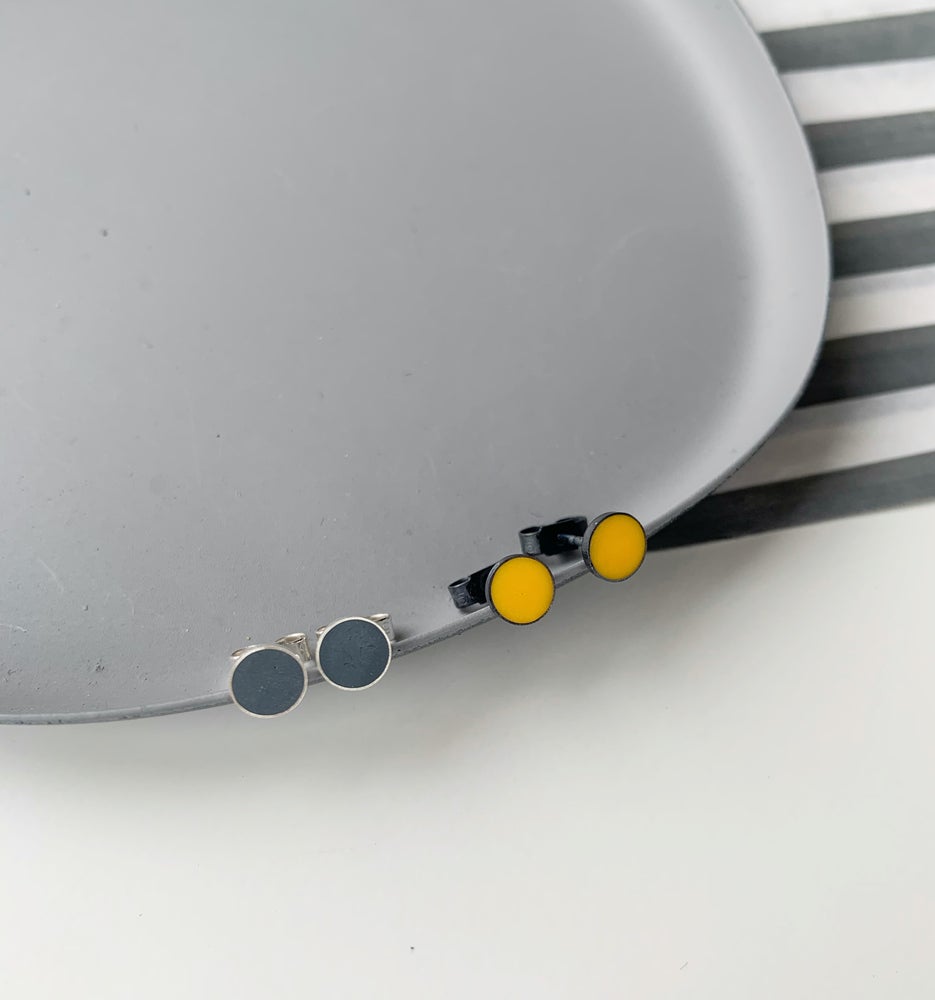 tiny resin stud earrings yellow and grey