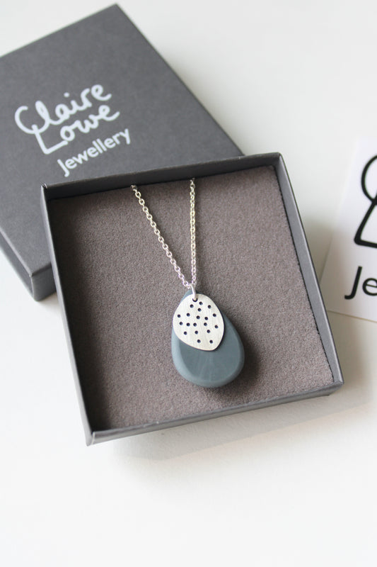 Grey Resin & Silver Pebble Necklace