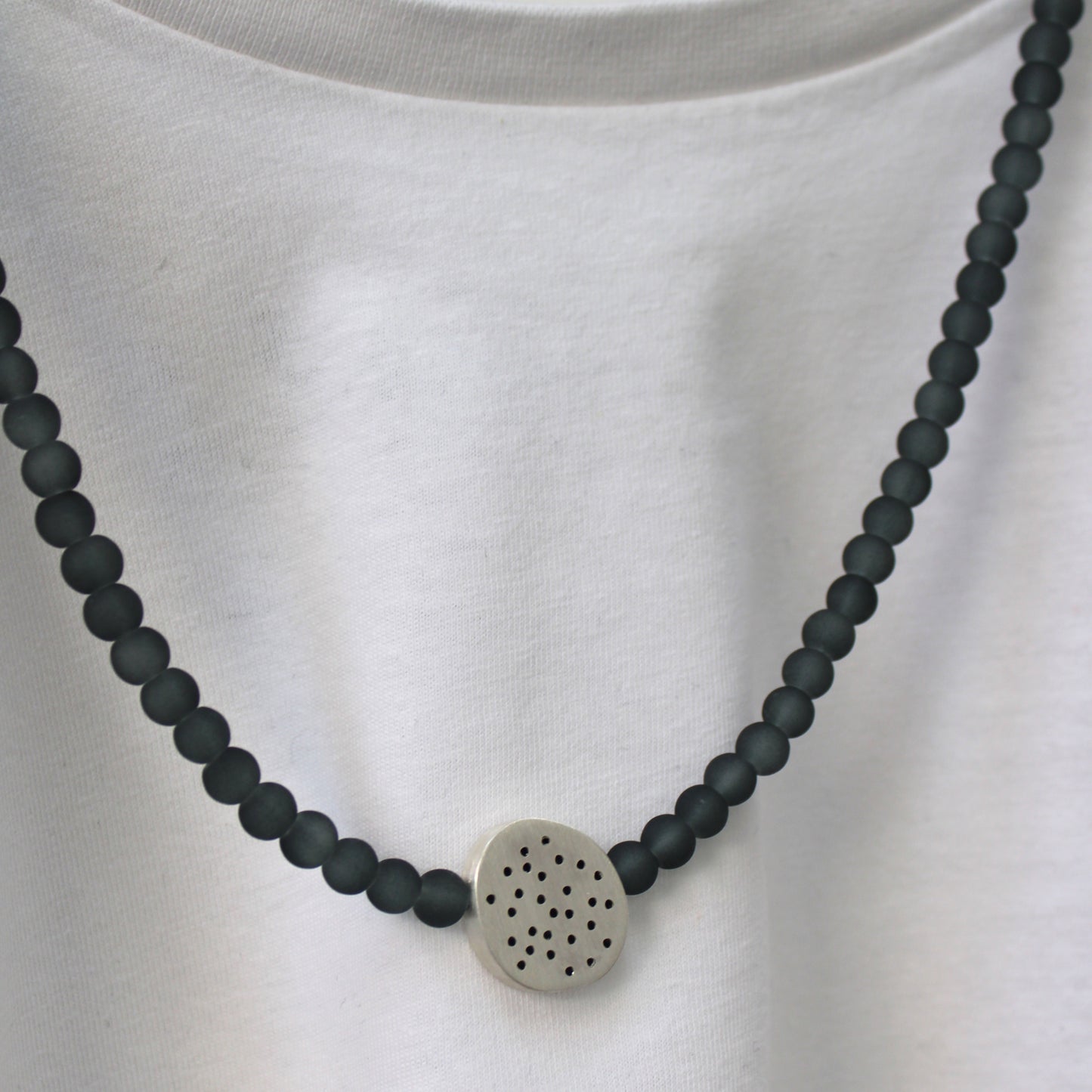 Silver Pebble & Grey Glass Bead Necklace