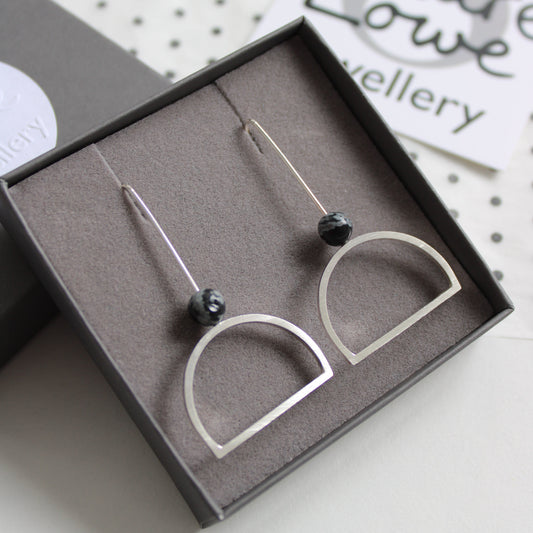 silver arc and bead statement earrings