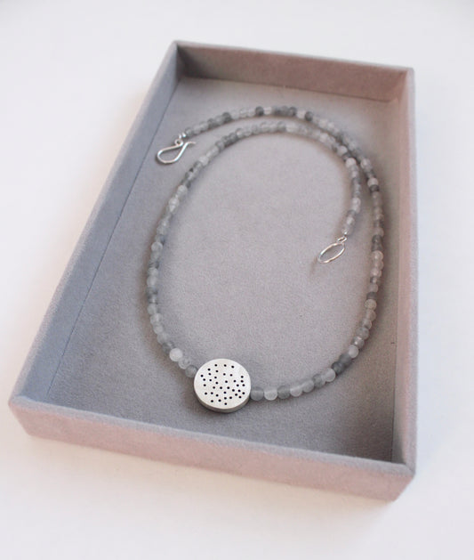 frosted agate bead necklace with silver pebble