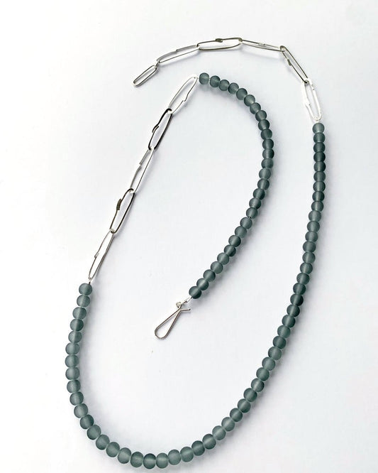 Grey glass bead and silver chain necklace