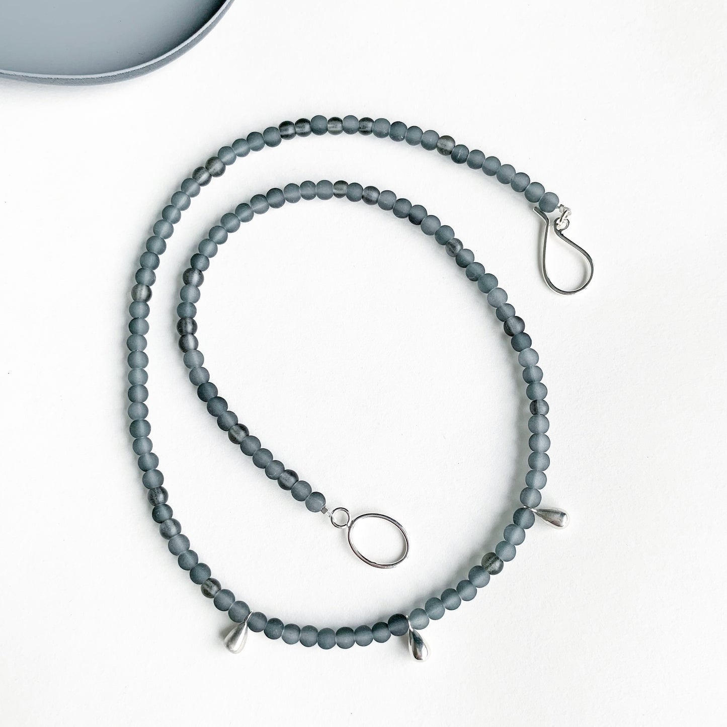 Grey Bead and Tiny Silver Teardrop Necklace