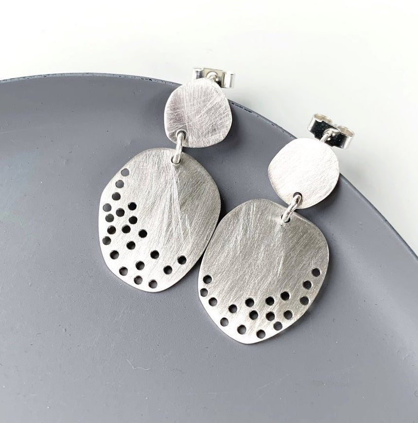 silver double drilled pebble earrings