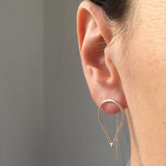 silver teardrop threader earrings worn